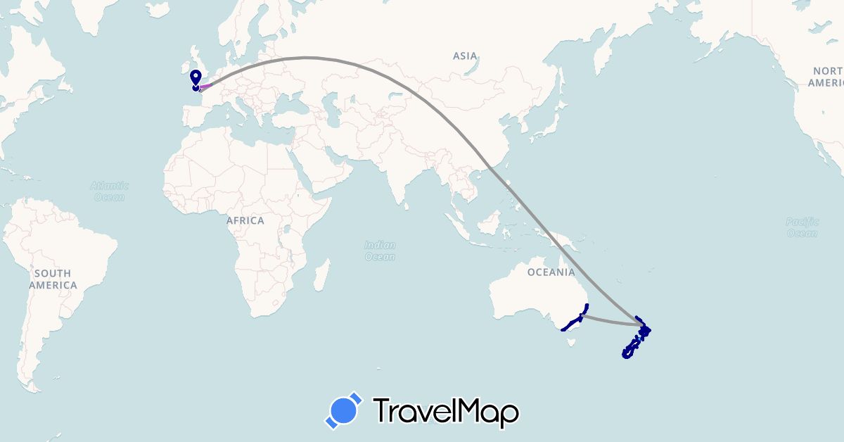 TravelMap itinerary: driving, bus, plane, train, hiking, boat in Australia, France, Hong Kong, New Zealand (Asia, Europe, Oceania)